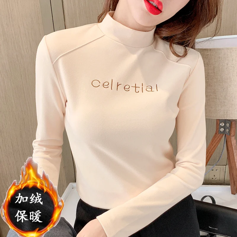 Brownm Brownm Velvet Warm Half High Collar Bottom Shirt Female Autumn And Winter Inside The Versatile 2023 New Long-Sleeved T-Shirt Female Jacket Foreign Style