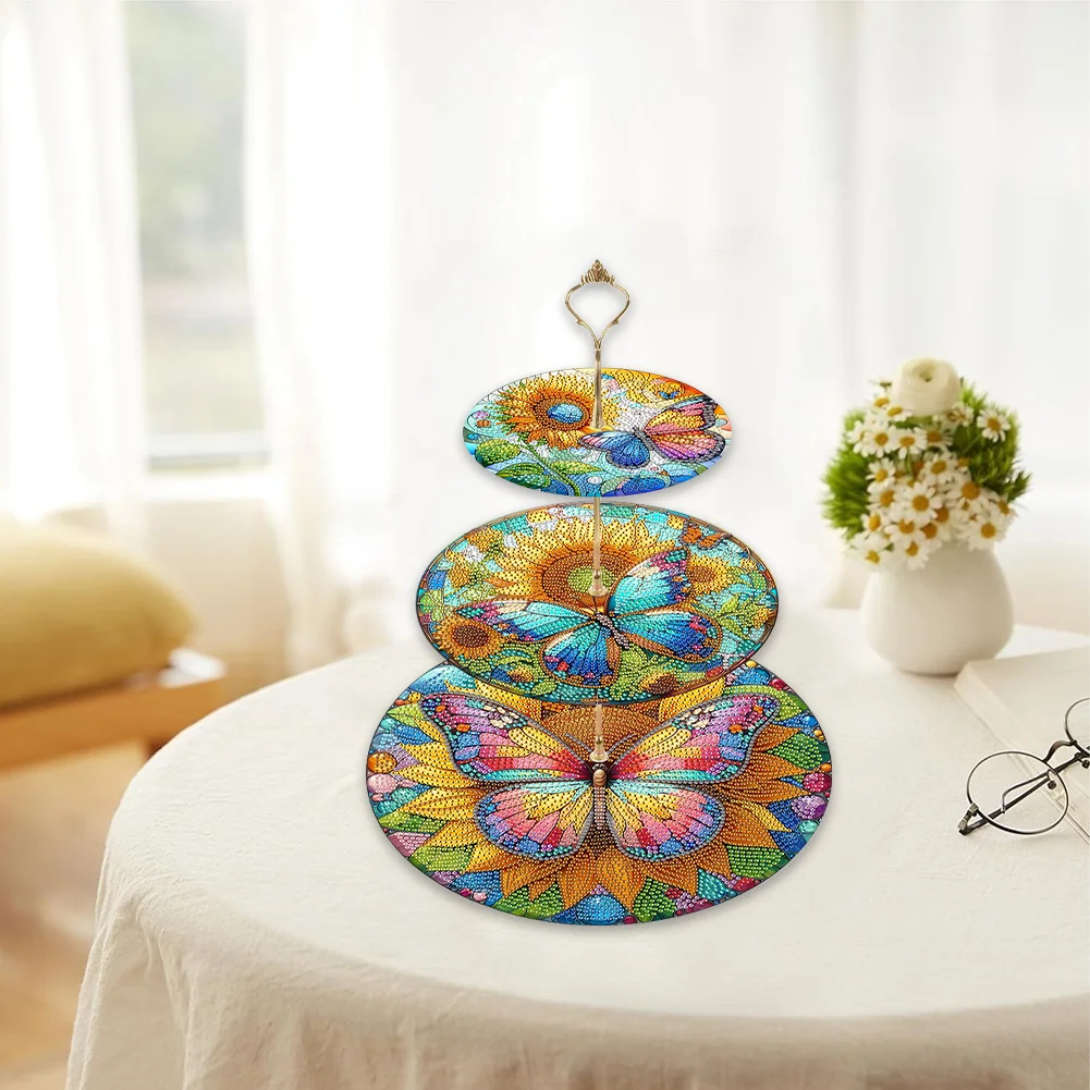 5D DIY 3 Tier Acrylic Butterfly Sunflower Diamond Painting Serving Tray for Home
