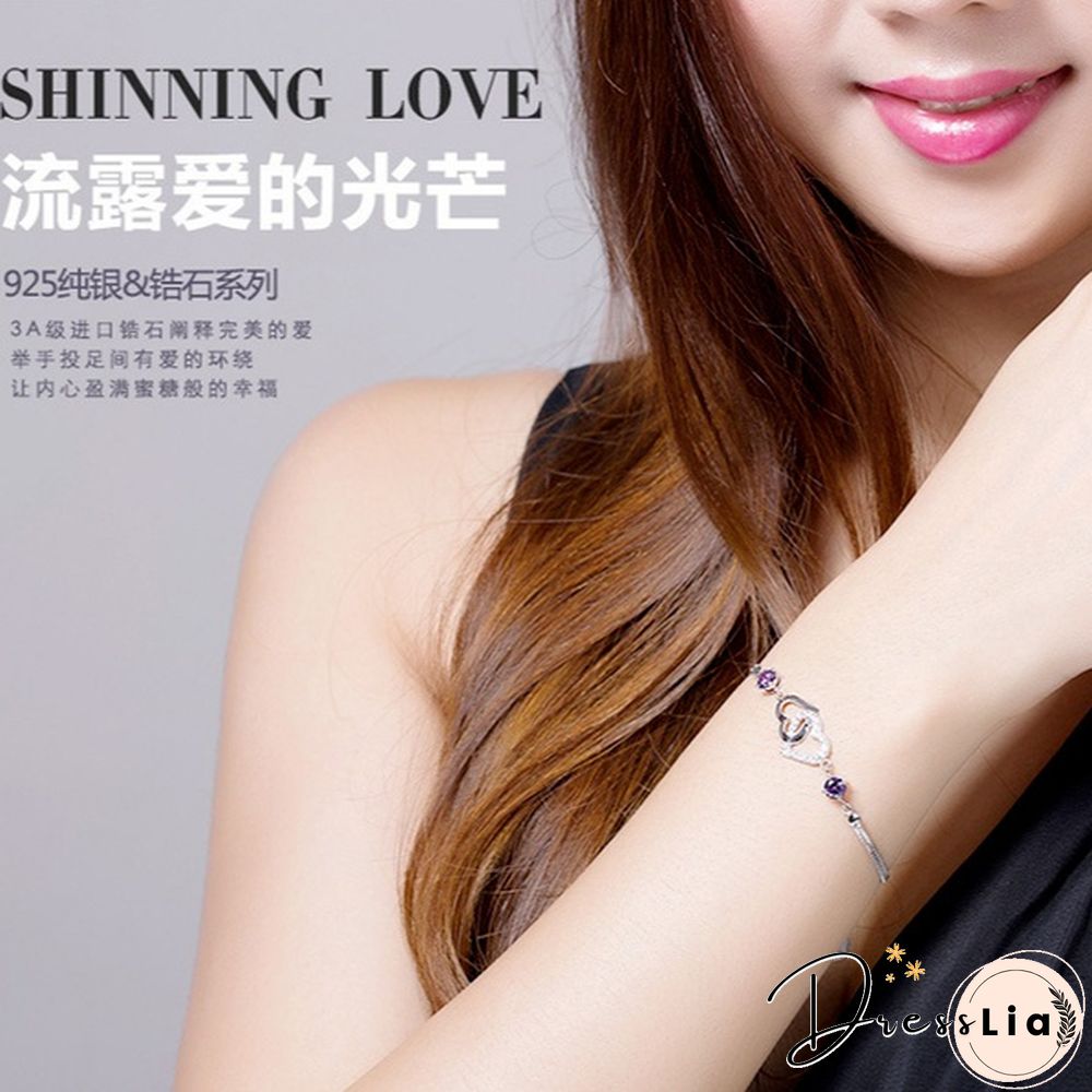 925 Silver Ladies Natural Amethyst Heart-shaped Bracelet Fashion Micro-inlaid Hollow Heart-shaped Zircon Bracelet