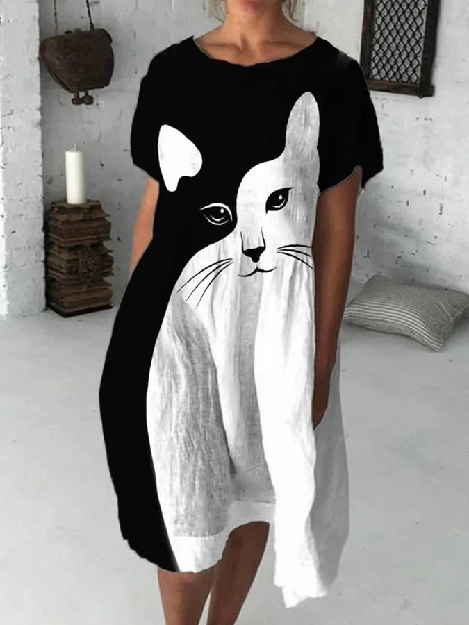Women's Black and White Cat Print Cotton Linen Dress