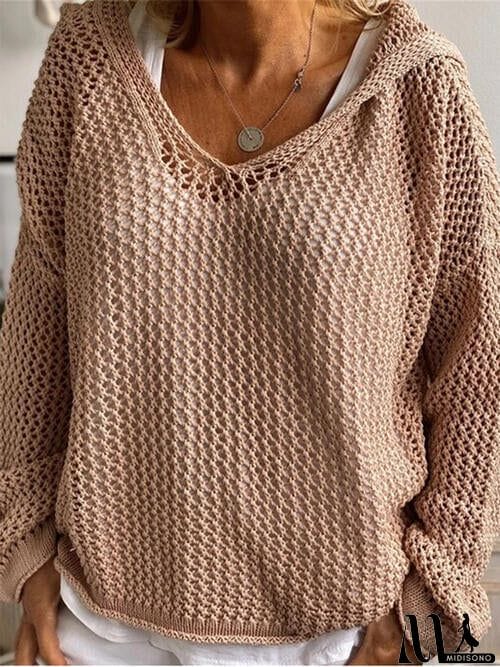 MidiSono - Openwork Hooded Long Sleeve Sweater