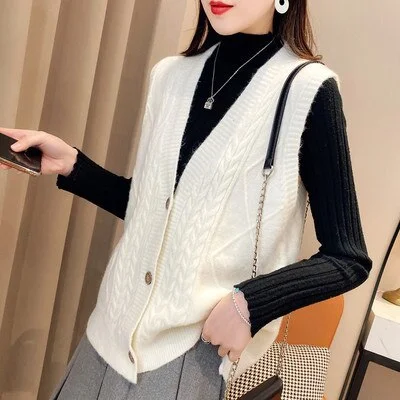 Sweater Vest Women Solid V-neck Single-breasted Loose Korean Style Womens Sweaters Sleeveless Chic Fashion Retro All-match New