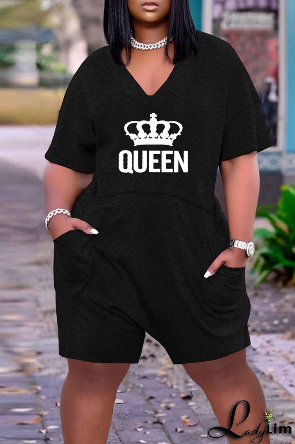 Light Gray Casual Print Split Joint Pocket V Neck Loose Jumpsuits