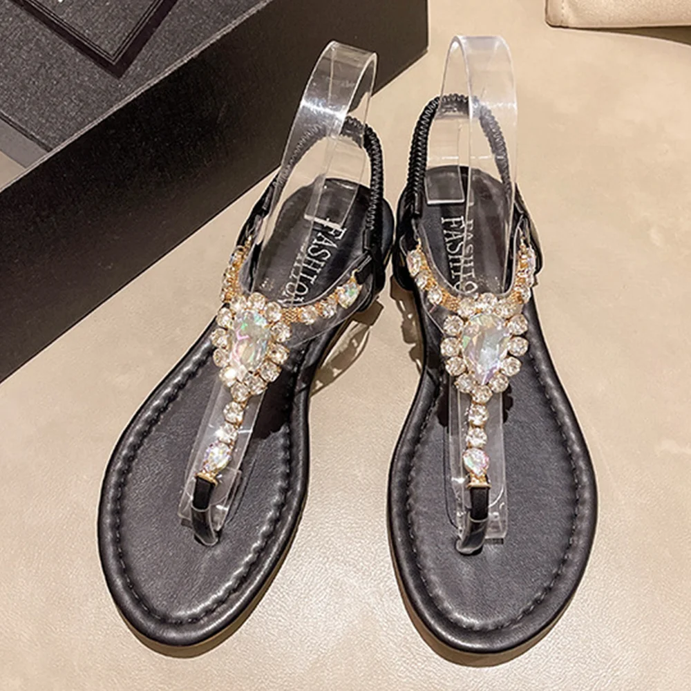 Smiledeer Summer New Flat Rhinestone Elastic Band Beach Flip Sandals