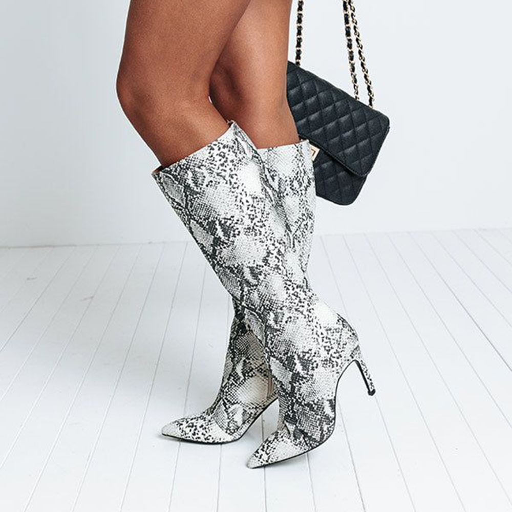 Black & White Closed Toe 3'' Stiletto Heel Winter Knee High Boots Nicepairs