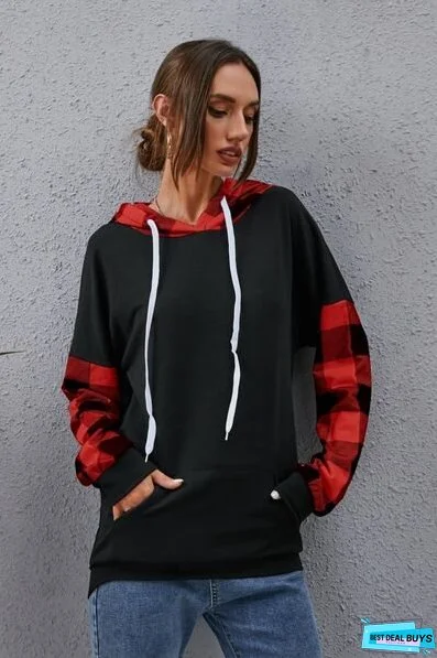 Plaid Drawstring Dropped Shoulder Hoodie