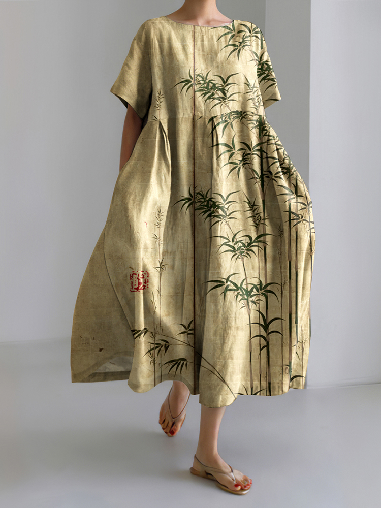 Comstylish Bamboo Japanese Art Print Casual Loose Dress