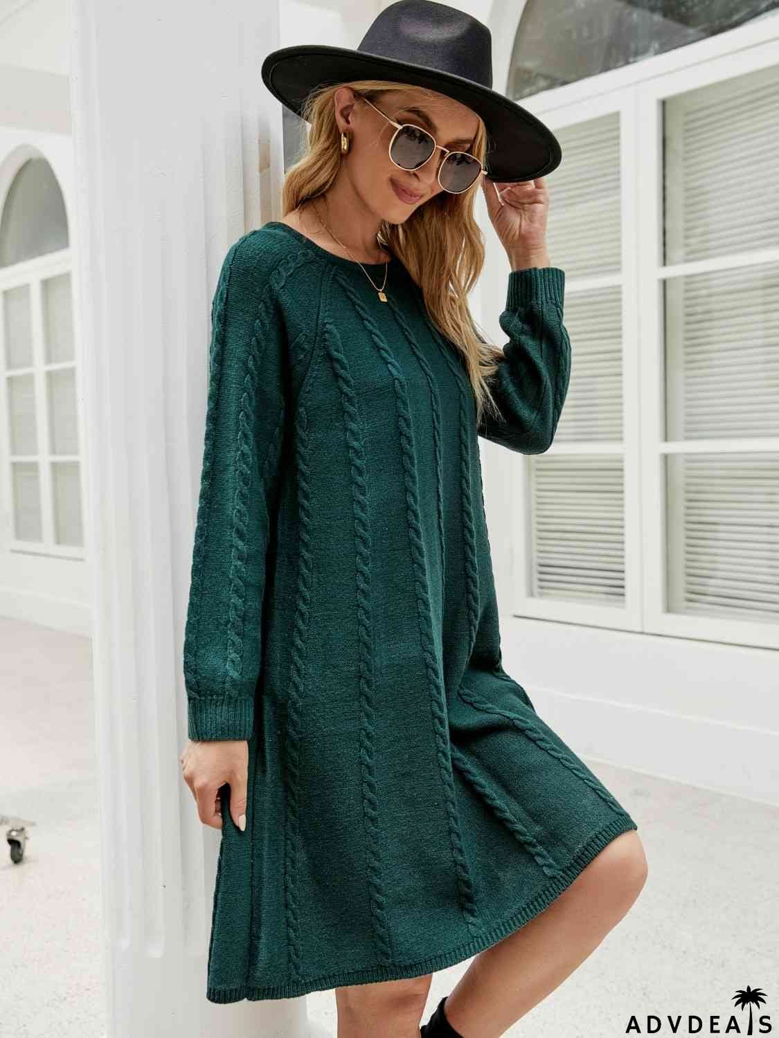 Cable-Knit Long Sleeve Sweater Dress