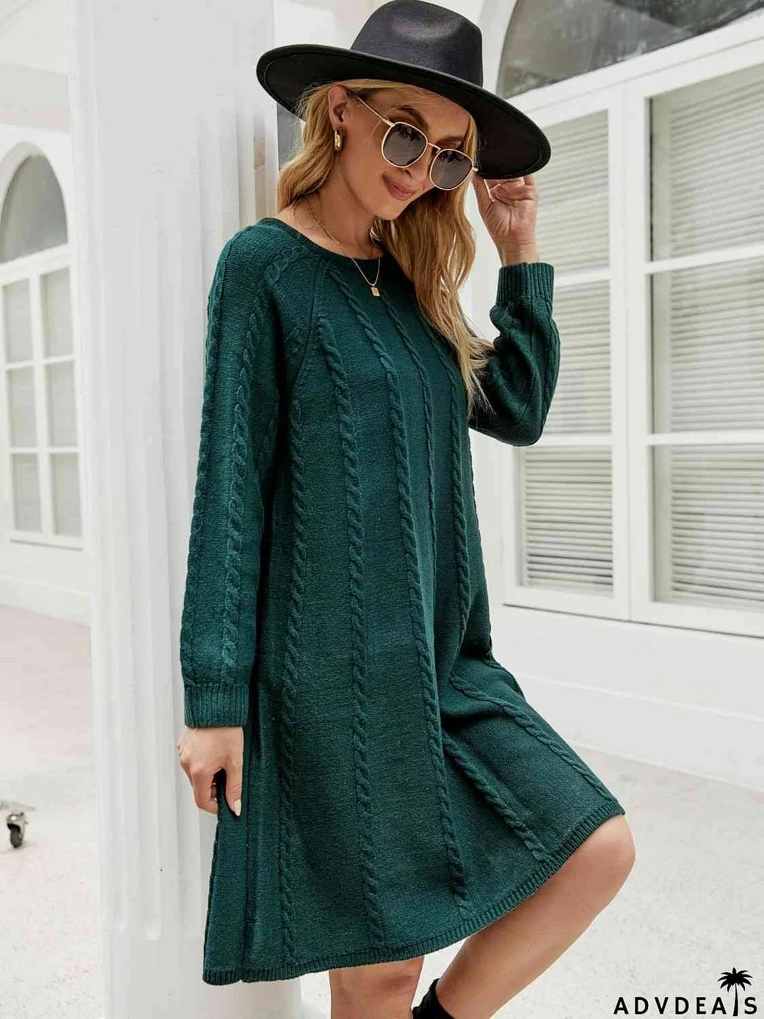 Cable-Knit Long Sleeve Sweater Dress