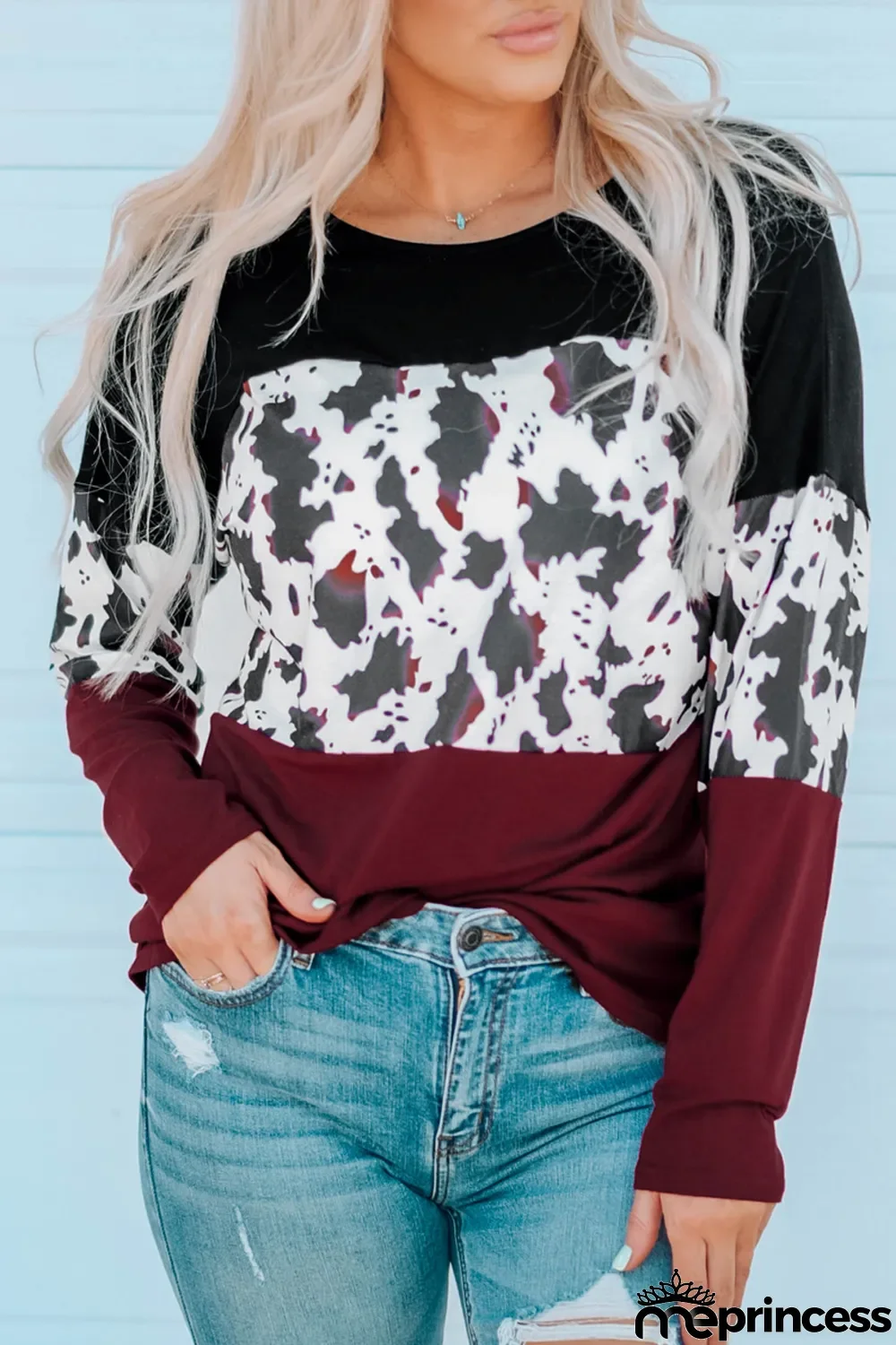 Cow Print Color Block Long Sleeve Blouse