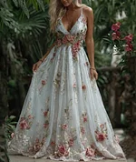 Women's Pink Rose Embroidery Art Suspender Maxi Dress - Image 4