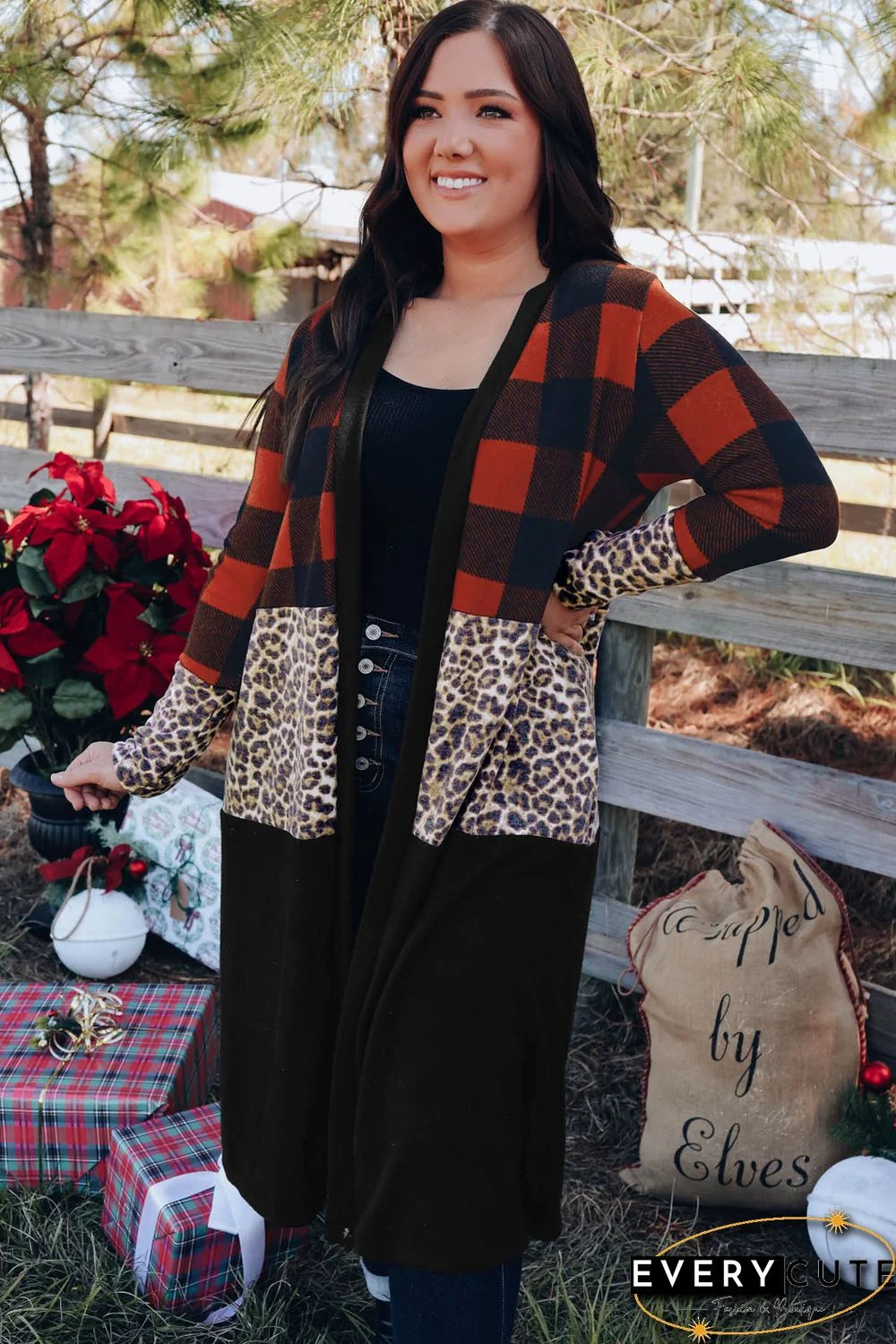 Red Buffalo Plaid Leopard Colorblock Plus Size Duster Cardigan