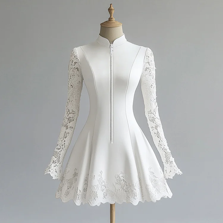 Ursime Stand Collar Lace Patchwork Long Sleeve Zipper Mini Dress