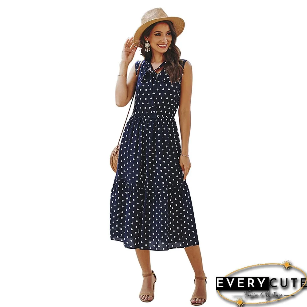 Navy Blue Polka Dot Sleeveless Casual Dress