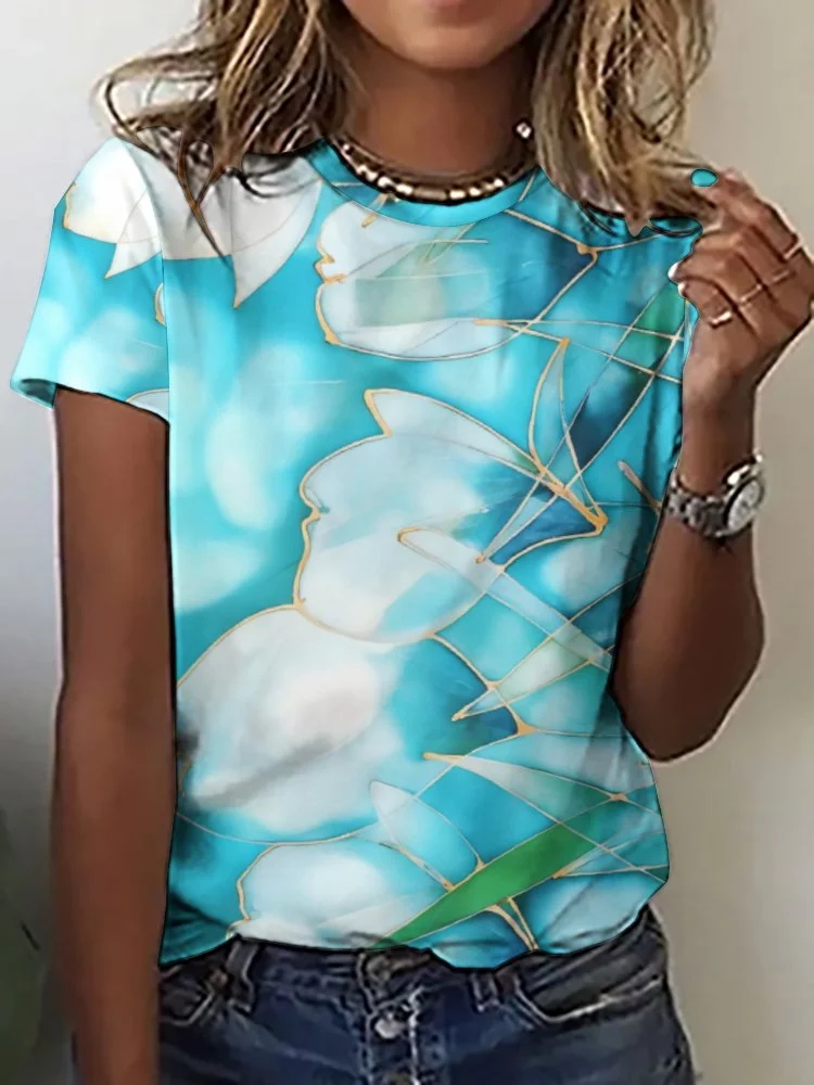 Printed Short Sleeve Casual T-shirt for  Women and Men Unisex Pattern Blue, Texture, Leaf