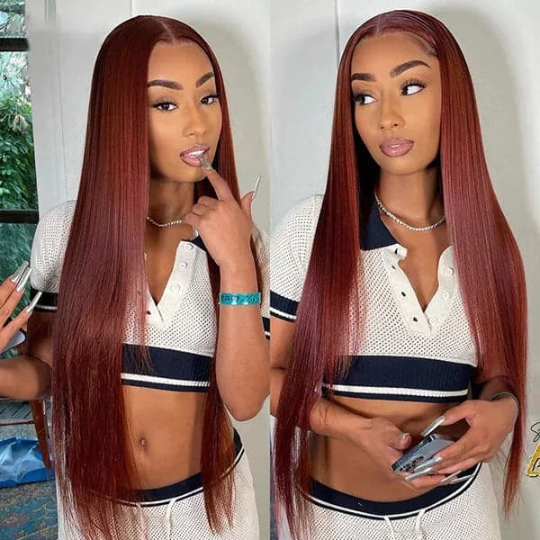 #33 Reddish Brown Color Wig 13x4 Straight Lace Front Wig Transparent Lace Wigs