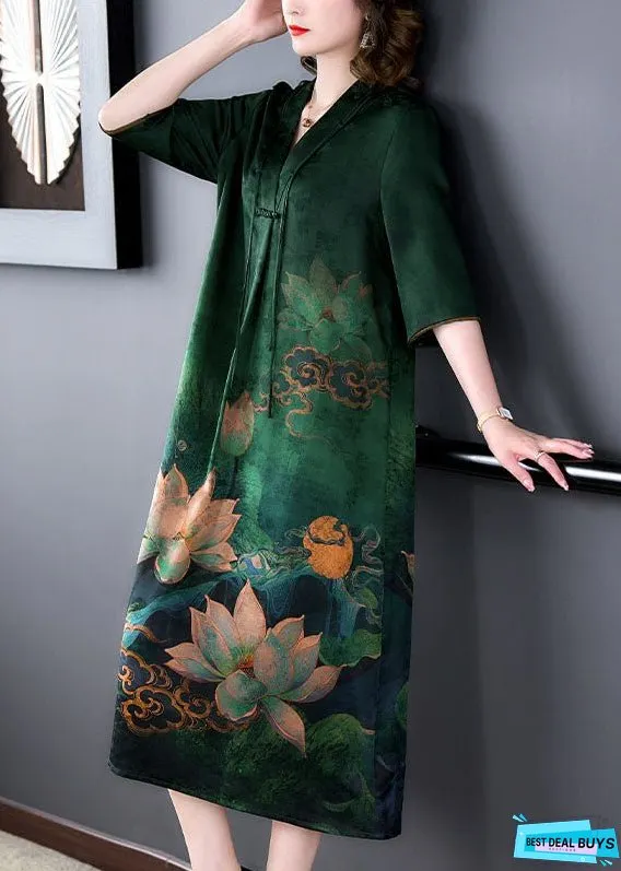 Retro Green V Neck Tasseled Print Patchwork Silk Dress Summer