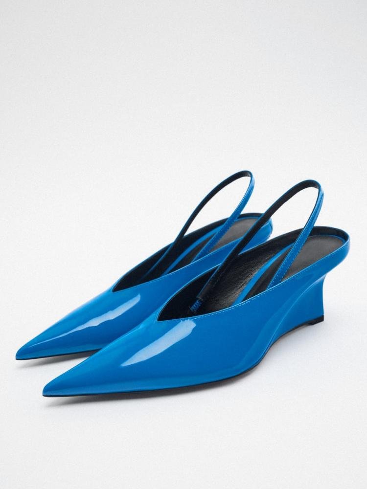 Elegant Blue Slingback Patent-Leather V-Shaped Vamp Pointed Heel Wedge Shoes