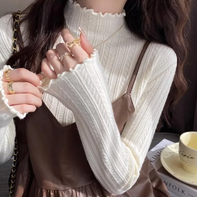 Top Edge Knit Plain Long-Sleeve Mock Neck Lettuce