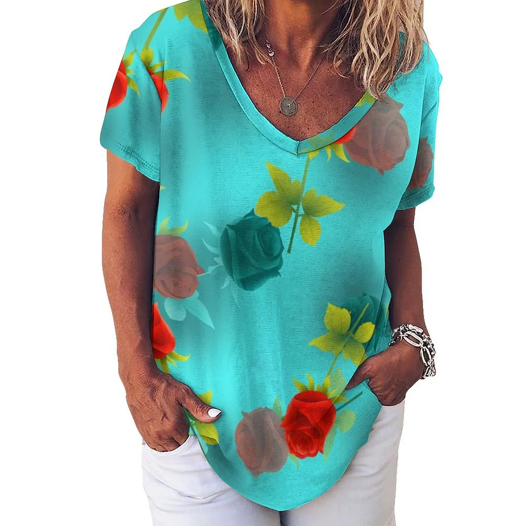 V-neck Short Sleeve Casual T-shirt for  Women Printed with Pattern Turquoise, Floral, Rose