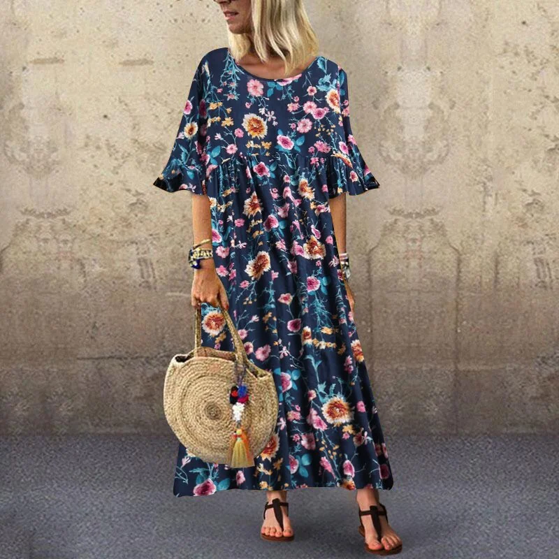2022 ZANZEA Summer Short Sleeve Dress Women Floral Printd Long Maxi Sundress Bohemian Ruffles Vestidos Femme Robe Tunic Dresses