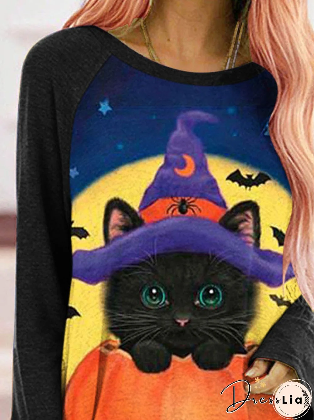Women'S T-Shirts Cat Pumpkin Print Crew Neck Long Sleeve T-Shirt