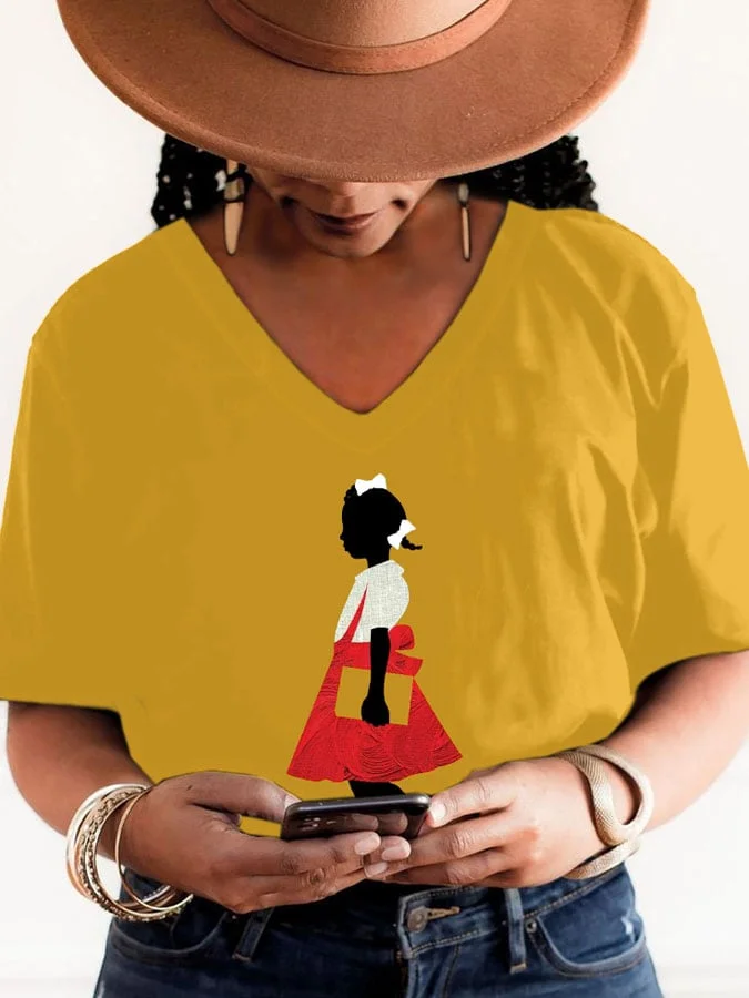 Women's Black Girl In Red Dress Art Printed Short-Sleeved T-Shirt 