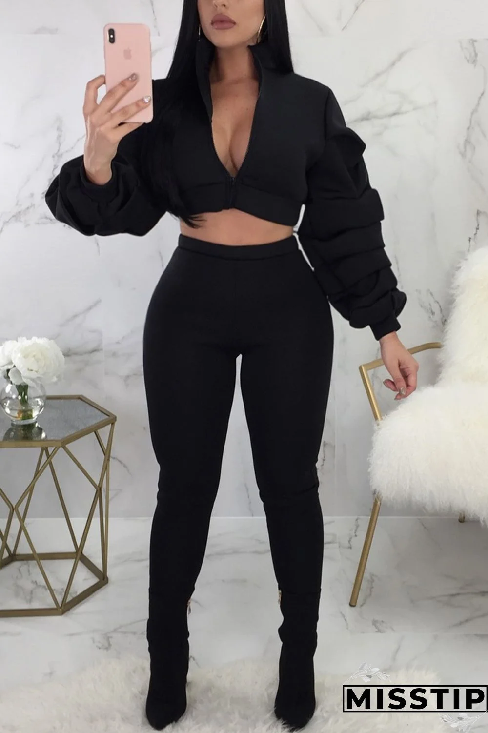 Black Fashion Casual Puff Sleeve Solid Two Pieces