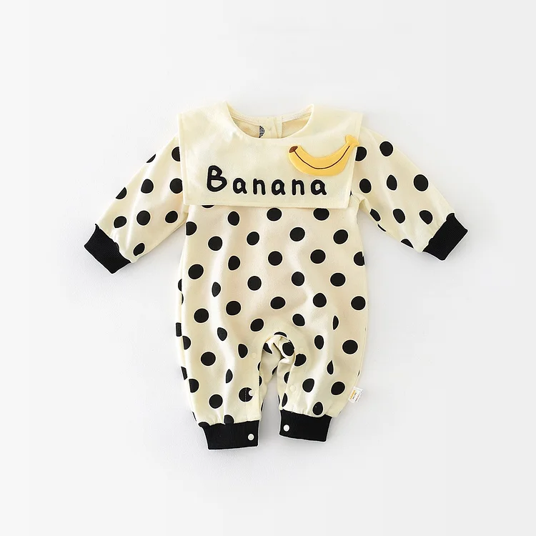 Baby Girl Polka Dot Banana Square Collar Long Sleeve Romper