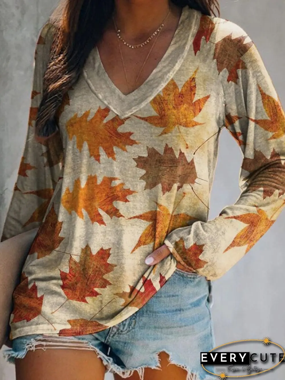 Casual Long Sleeve V Neck Plus Size Printed Tops T-shirts