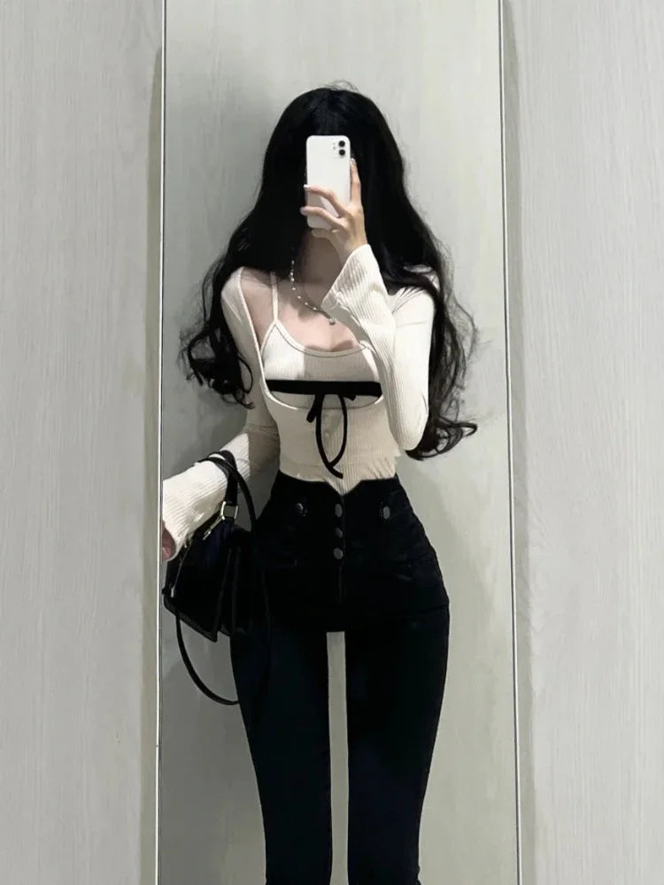 Aiertu Casual Y2k Crop Tops Women 2 Piece Sets Outwear Korean Fashion Clothing Bodycon Slim Tshirts Sexy Blouse Female Spring Aiertu