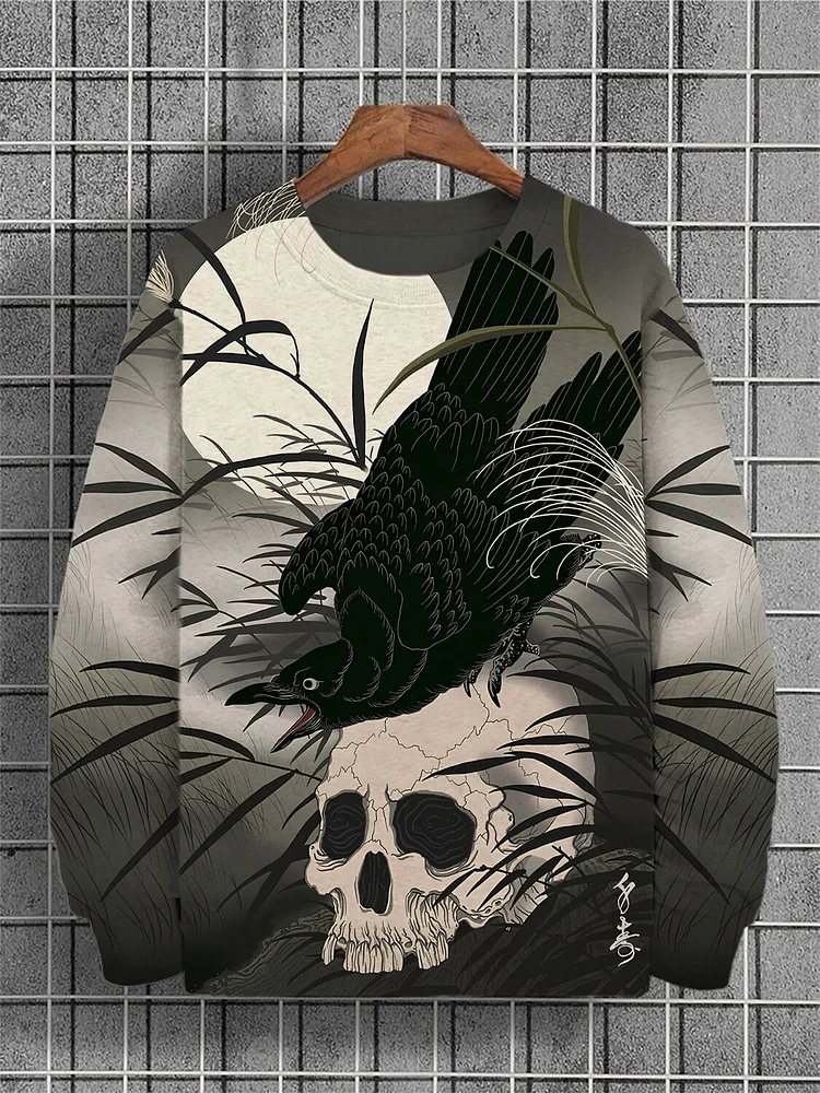 Men's Crow And Skull Japanese Art Print Casual Sweatshirt
