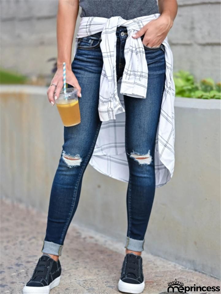 Slim Fit Mid-Rise Ripped Washed Pocket Skinny Denim Pants