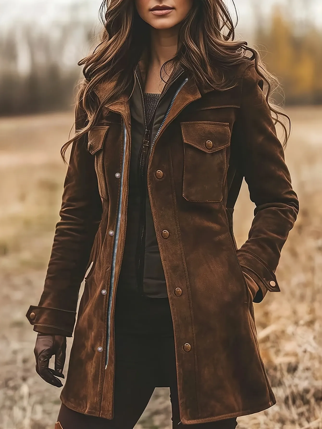 Women's Lapel Button Zip Mid Length Casual Outerwear with Pockets