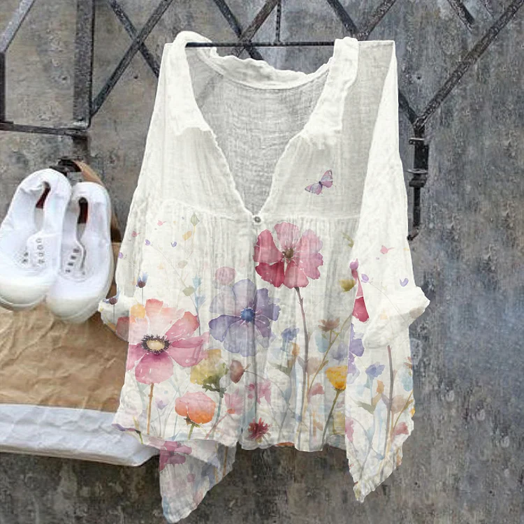 Floral Print Artistic Linen Blend Cozy Shirt-mysite