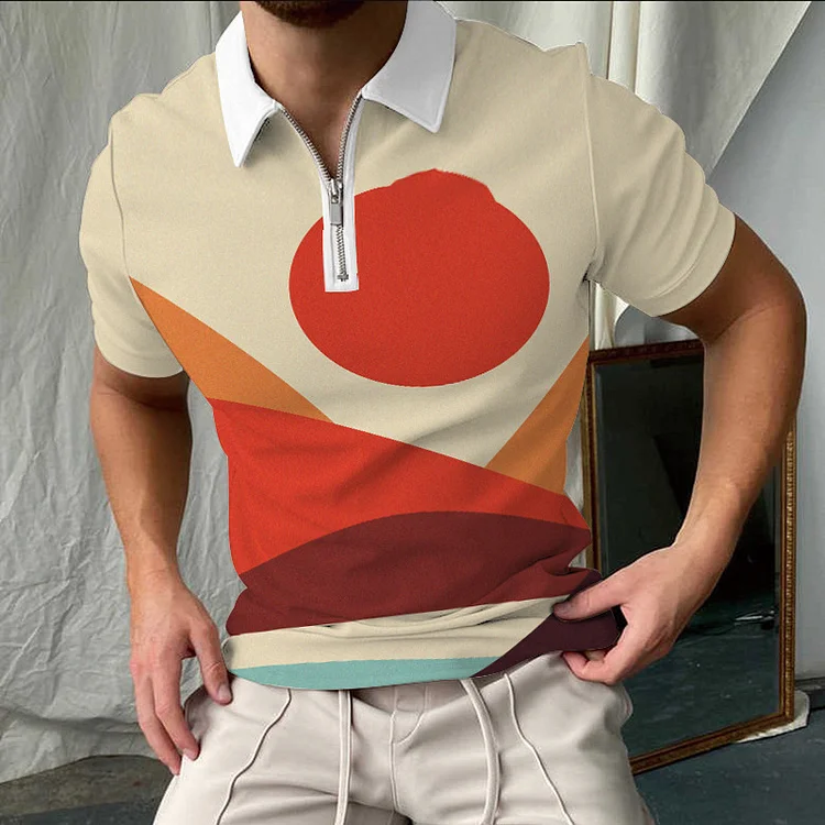 Abstract Geometry Pattern Casual Short Sleeve Tops Zipper Men's Polo Shirts at Hiphopee