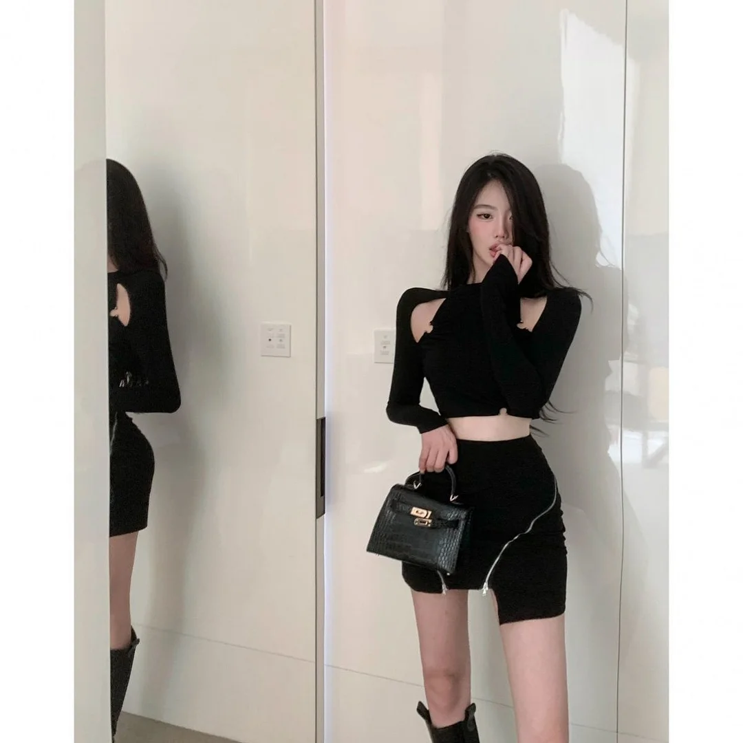 Women Suits  Crop Leather Jacket Black Hollow Shirt High Waist Skirt 3 Piece Zip Skirt Party Girl Elegant  Female Suits
