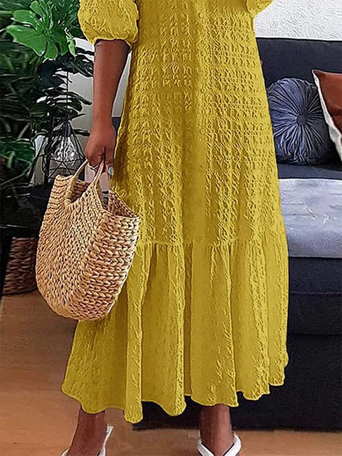 Solid V-Neck Button Pleated Casual Dress