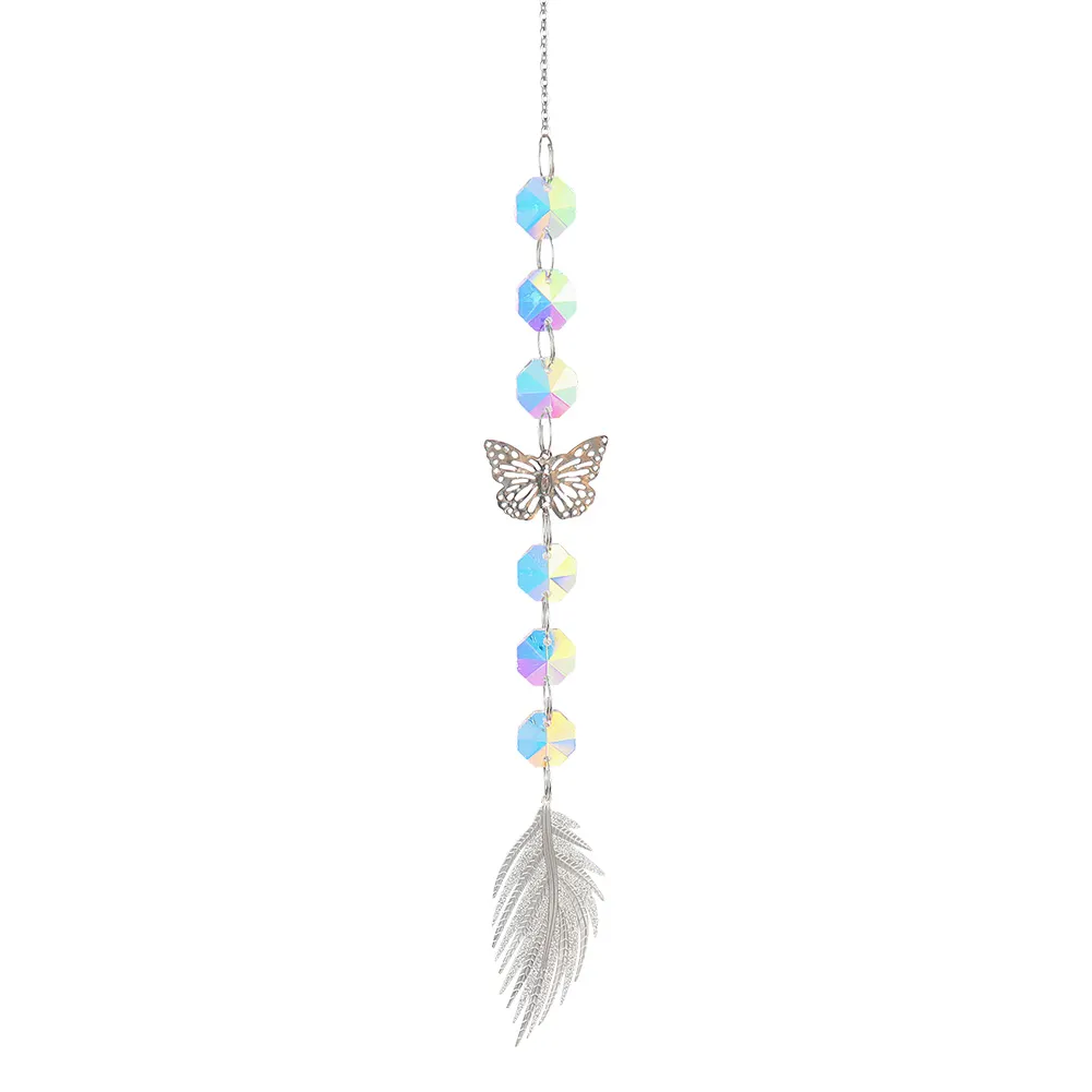 Crystal Windchime Ornament Hexagonal Feather Butterfly Hanging Wall Pendant