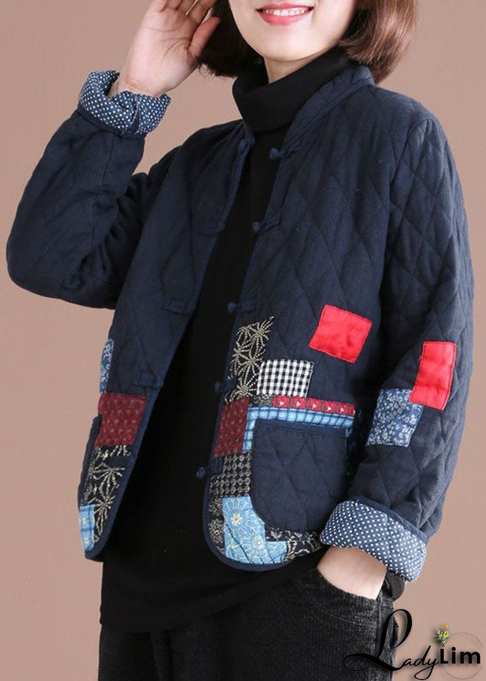 Retro Blue Oriental Patchwork Applique Fine Cotton Filled Jackets Winter