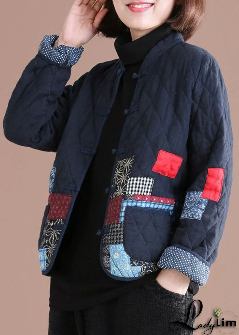 Retro Blue Oriental Patchwork Applique Fine Cotton Filled Jackets Winter
