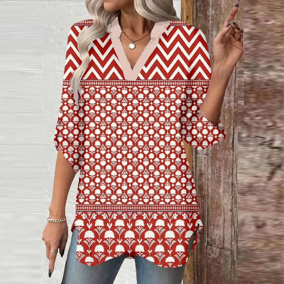 Women Stripes, Dots, Red DZGA0377 3/4 Sleeve V-neck Printed Graphic Button Tops