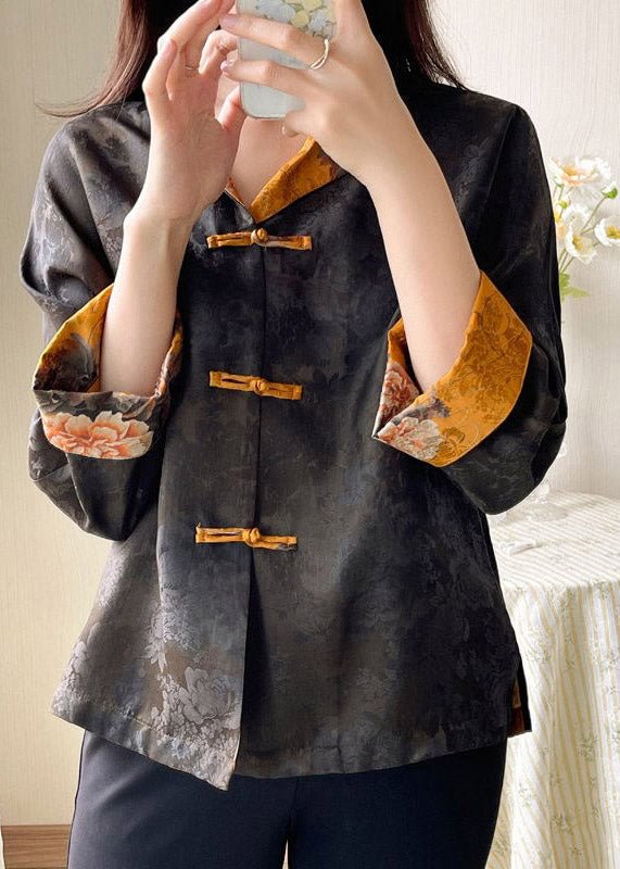 Fashion Stand Collar Print Button Side Open Silk Coat Long Sleeve