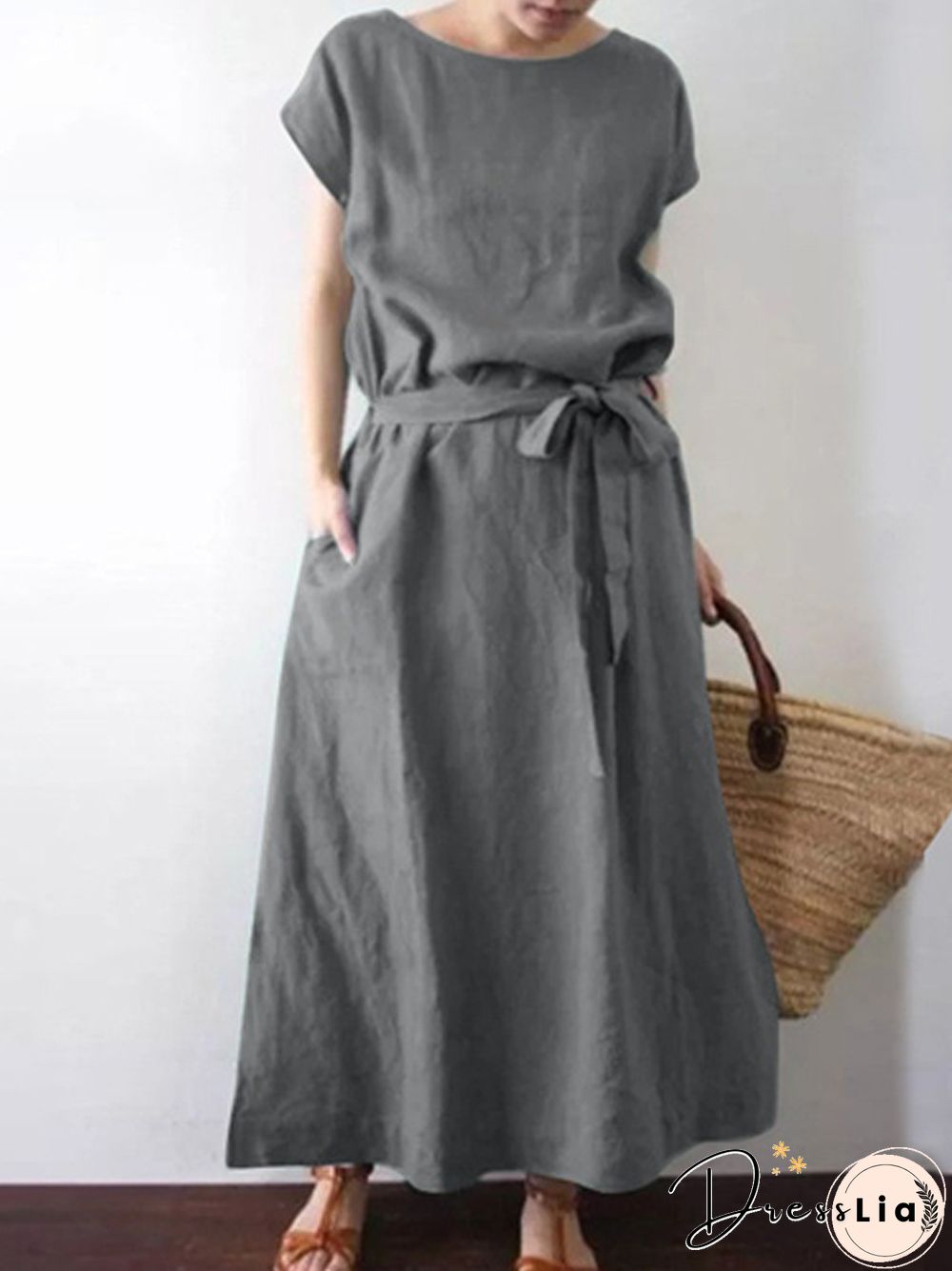 Casual O-Neck Solid Color Cotton Linen Belt Long Dress Retro Simple Commute Dress Women Fashion Loose Short Sleeve Pocket Dress