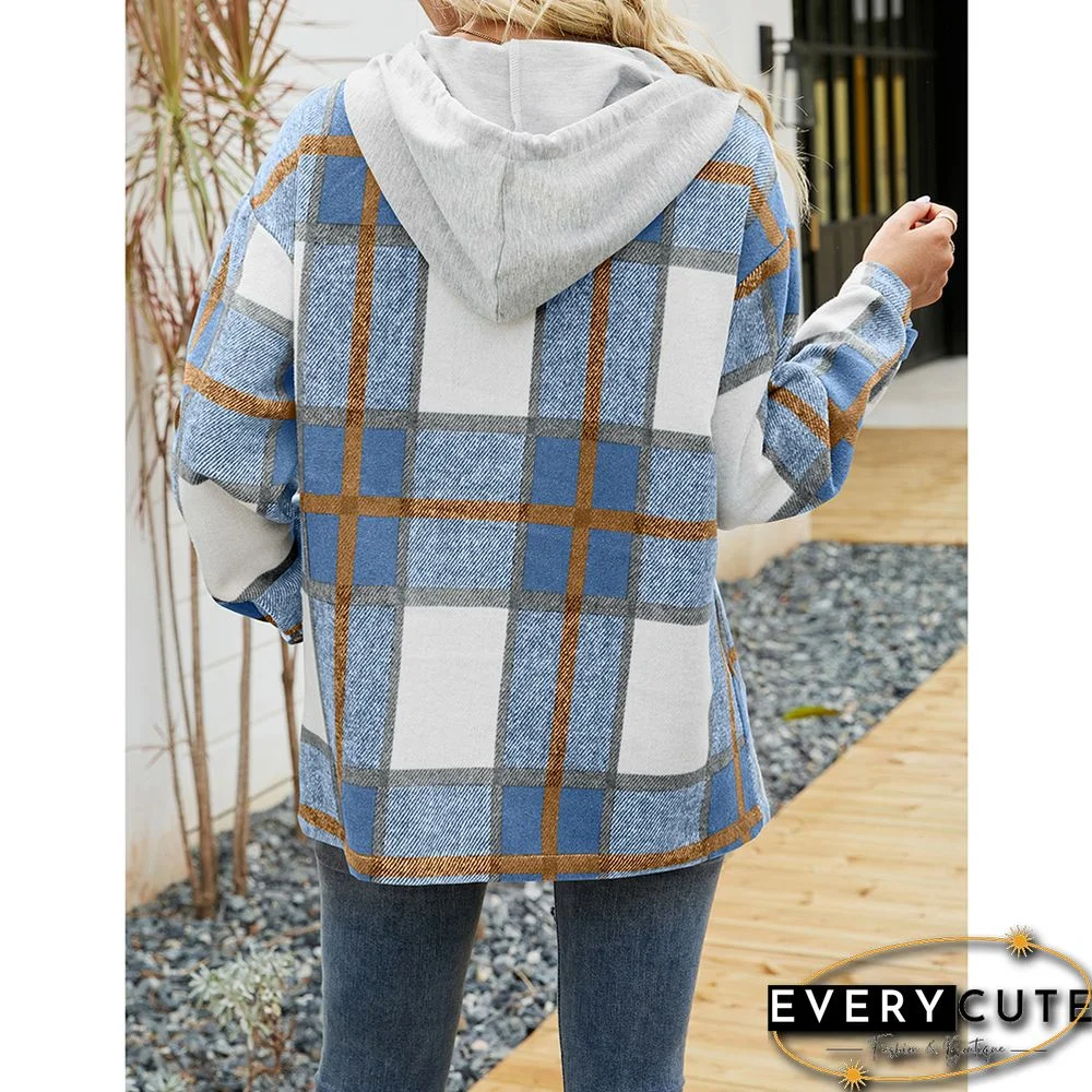 Light Blue Woolen Plaid Print Hooded Coat with Pocket