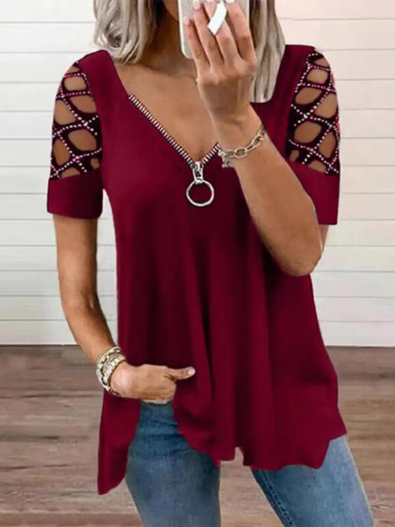 Women Short Sleeve U-neck Stitching Women Tops