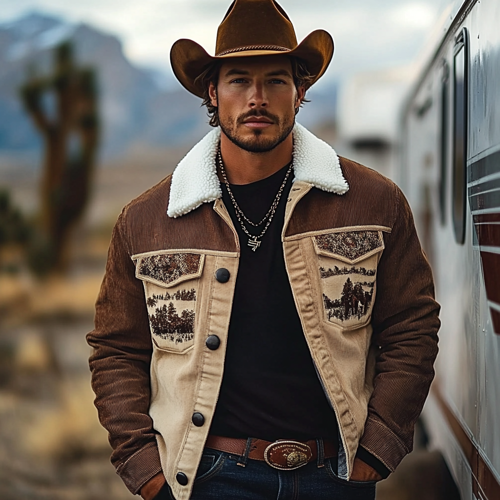 Men's Vintage Western Cowboy Printed Sherpa Jacket-inspireuse