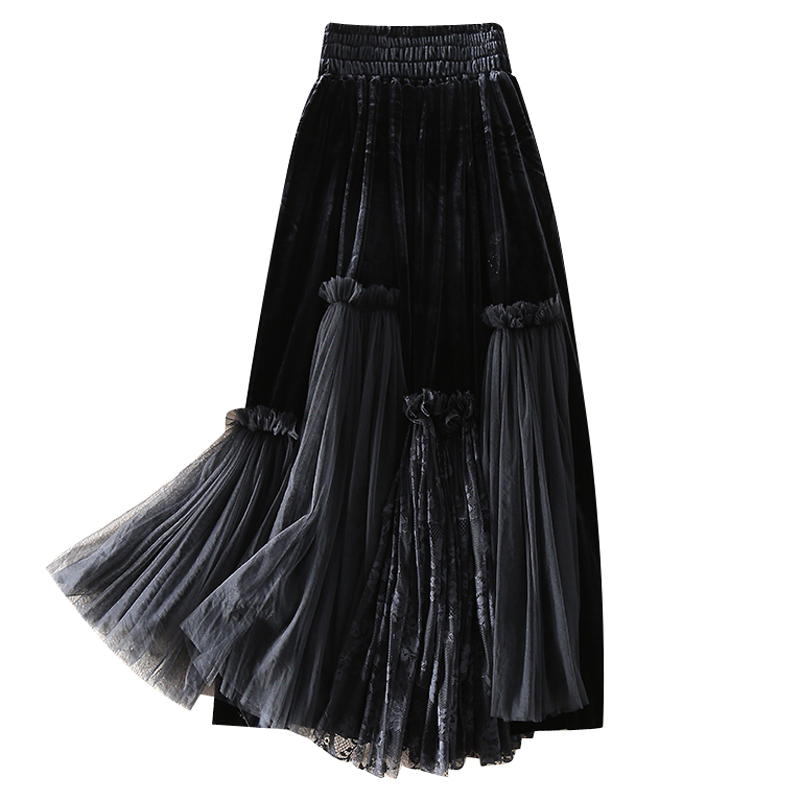 Retro Velvet Pleated Mesh Skirt