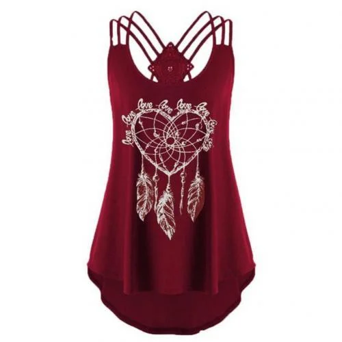 Summer top  Off Shoulder Women Vest Printed Loose Plus Size All-match Backless Spaghetti Strap Tank Top Solid Color Feather