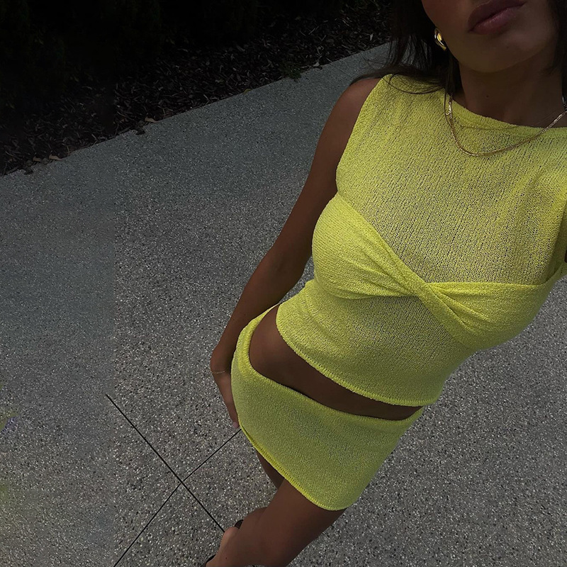 Tossy Women's Sexy Knit O Neck 2 Piece Skirt Sets Summer Bow Cover Up Lady Sleeveless Tank Top Sexy Beach Party Dress Outfits